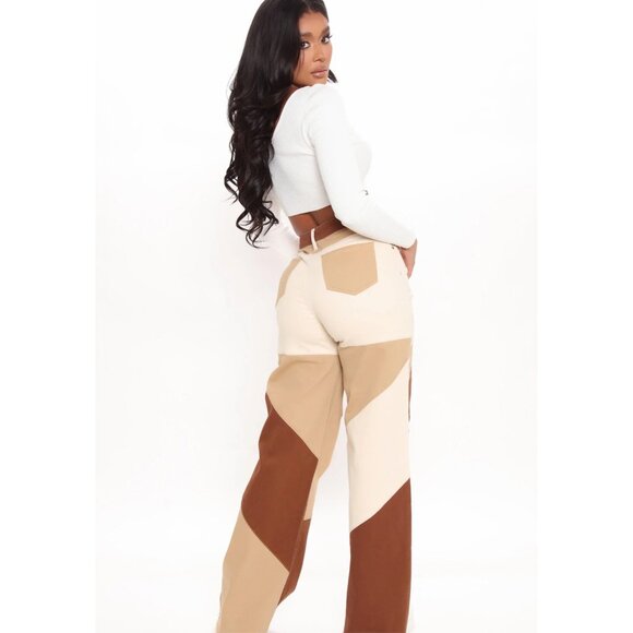 Fashion Nova Two‑Tone Patchwork Wide‑Leg Jeans – High Waist Retro Style Sz 5 - Picture 4 of 5